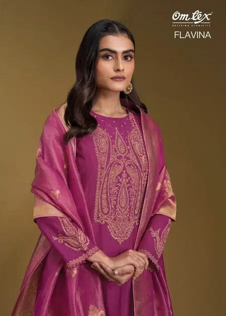 Flavina By Omtex Russian Silk Embroidery Dress Material Wholesale Price In Surat